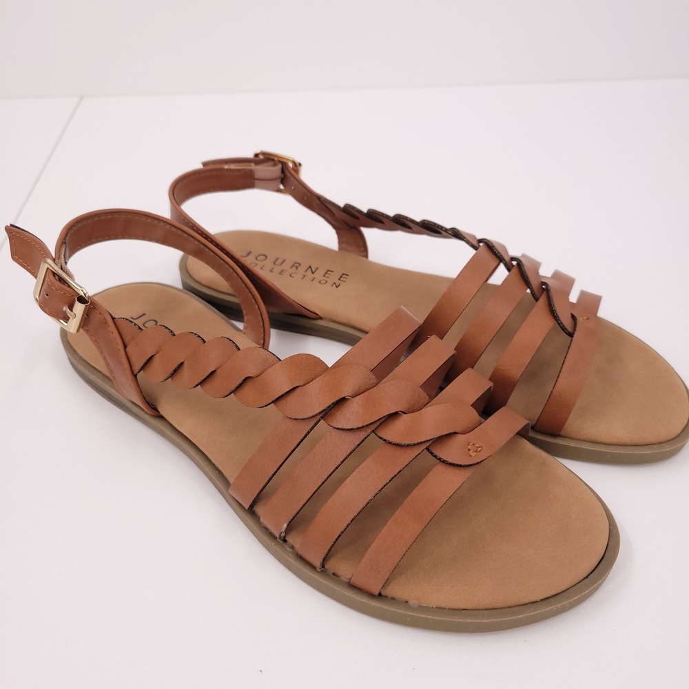 Journee Collection Solay Tan Flat Slingback‎ Buckle Sandals Cushioned Womens 7